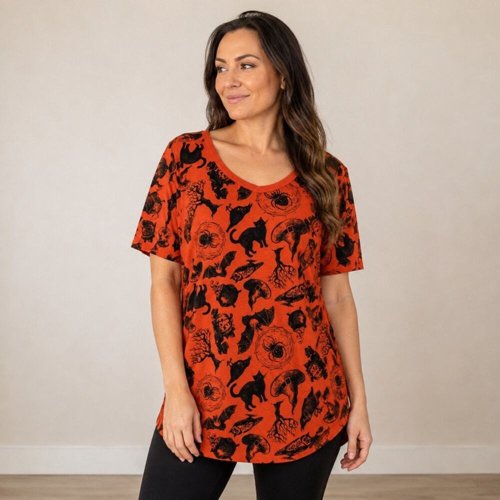 LuLaRoe Perfect T Halloween Tee Cat Bat Spider Print Scoop Neck Women's Size S